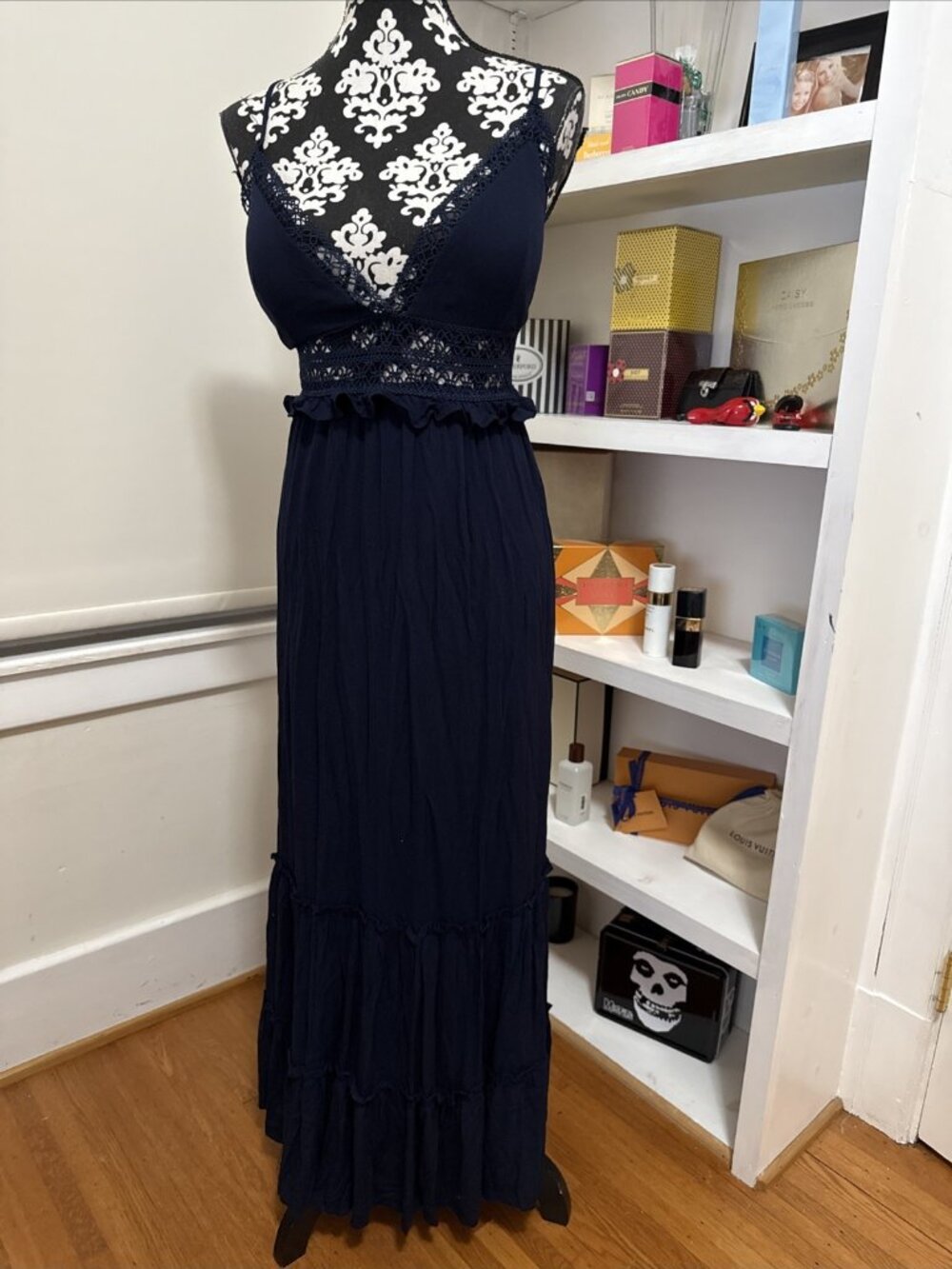 Gorgeous Navy Blue Sleeveless Maxi Dress By Iris Lined Low Corset Back Ruffled L